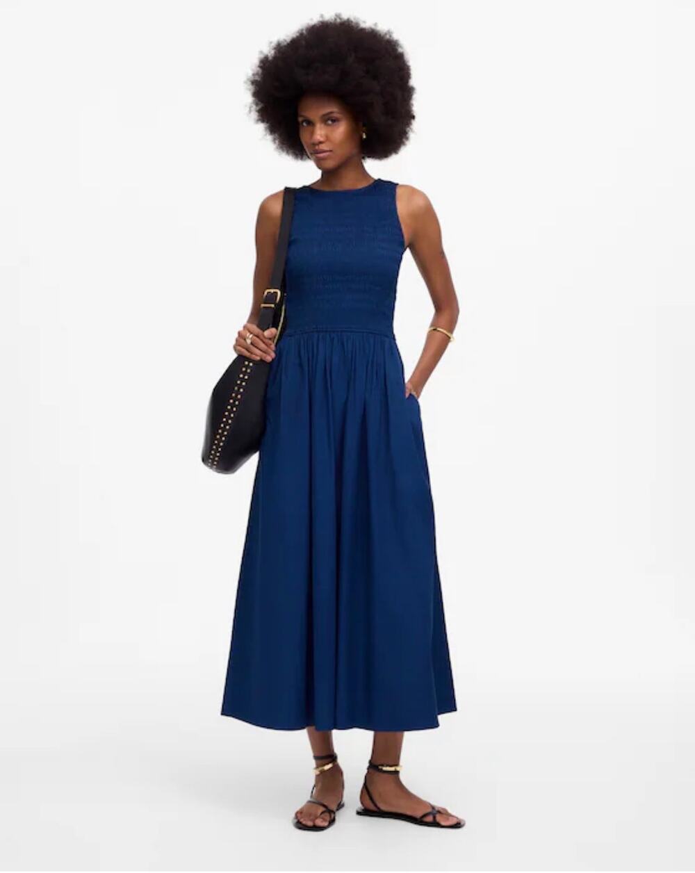 Madewell Women's Smocked High-Neck Midi Dress Retro Blue Size Small NWT